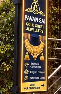 Pavan Sai Gold Sheet Jewellers showroom signboard with choker necklace